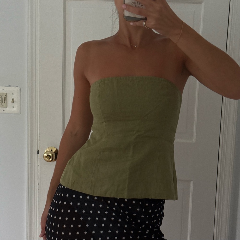Reformation Iskra Olive Oil Strappless Peplum Top - Size 6